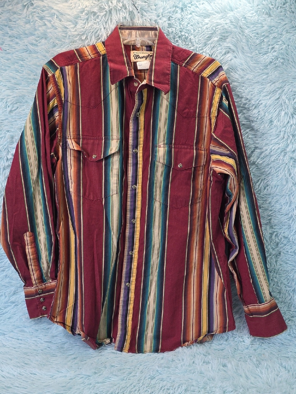 Vtg Wrangler Brushpopper Western Pearl Snap Striped Shirt Burgundy Multistripe